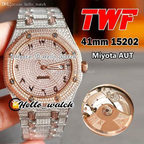 

twf bling watches 15202 miyota automatic mens watch arabic marker gypsophila dial two tone rose gold paved cz fully iced out diamonds hello_, Slivery;brown