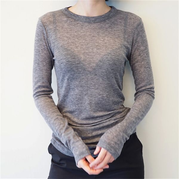 

korean women's spring slim perspective thin bottoming shirt solid color round neck stretch long sleeve t-shirt 210429, White