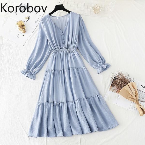 

casual dresses korobov 2021 arrival women dress preppy style flare long sleeve button korean v neck high waist sweet vestidos, Black;gray