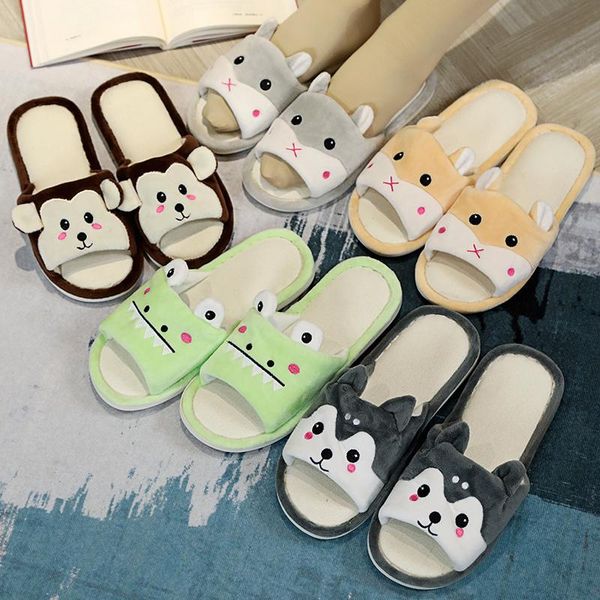 

indoor soft breathable warm animals monkey frog hamster husky cartoon bedroom mute office slippers cute winter autumn, Black