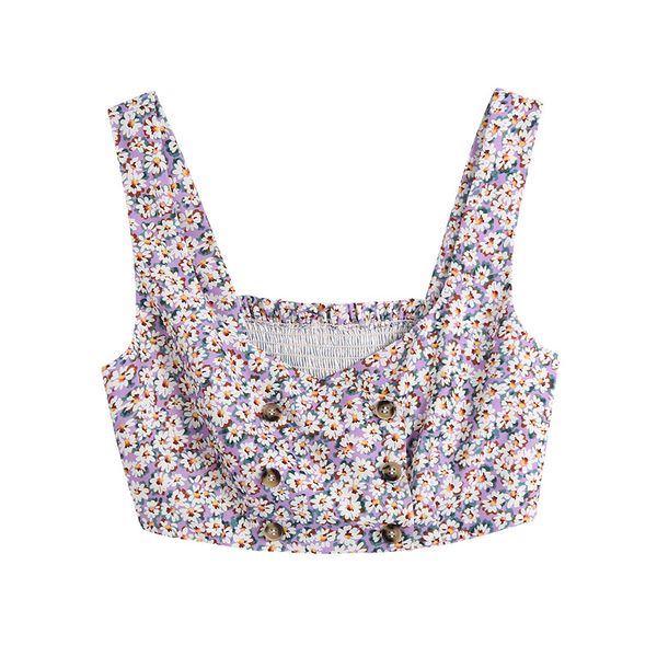 

slim floral print short camis women summer buttons elegant crop tank lady fashion sleeveless female 210430, White