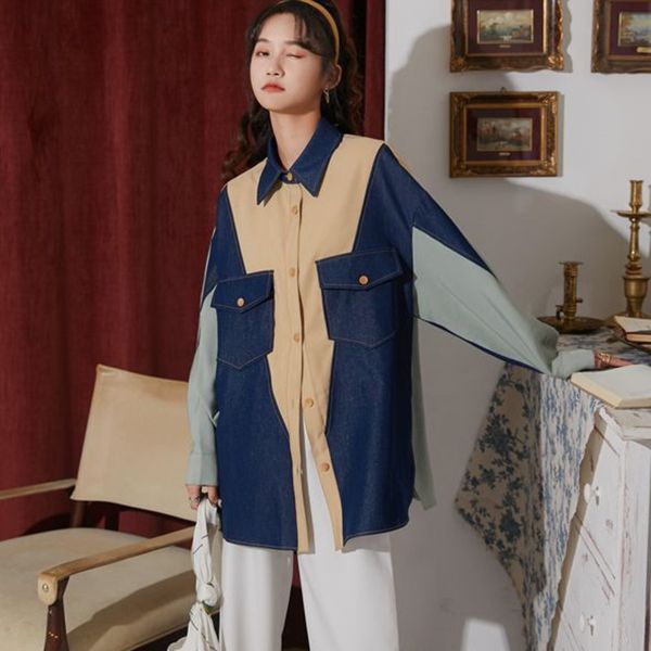 

skirt women blusa enclave korea shirt collar denim coats 2021 autumn costura contrast plus size, Black