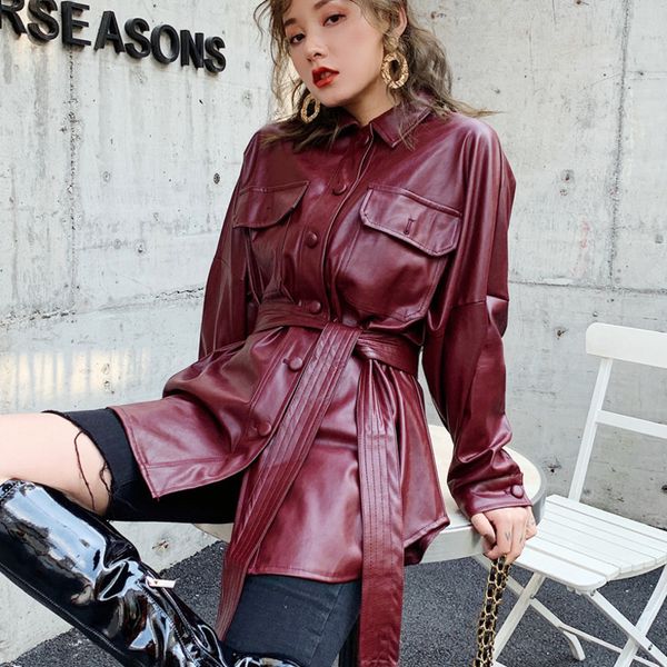 Spring Motor Storm Wine Red maniche lunghe monopetto Plus Size Giacca in pelle PU Cappotti da donna di alta qualità WH 210510