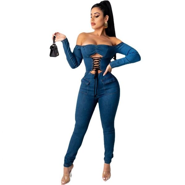 

women's jumpsuits & rompers denim women full sleeve slash neck pocket skinny 2021 lace up hollow streetwear female jeans jumpsuit, Black;white