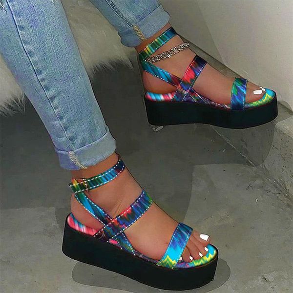 

women's colorful flat platform summer print ladies ankle buckle strap sandalias mujer female 2021 casual woman sandal shoes sandals, Black