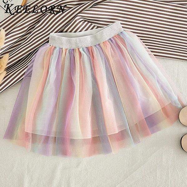 

skirts keelorn girl 2021 summer waist rainbow color skirt stitching cake girls clothing 3-7y kids clothes, Blue