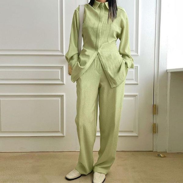 

women's two piece pants green casual sets 2021 autumn vintage long sleeve and wide leg single breasted elegant suit with, White