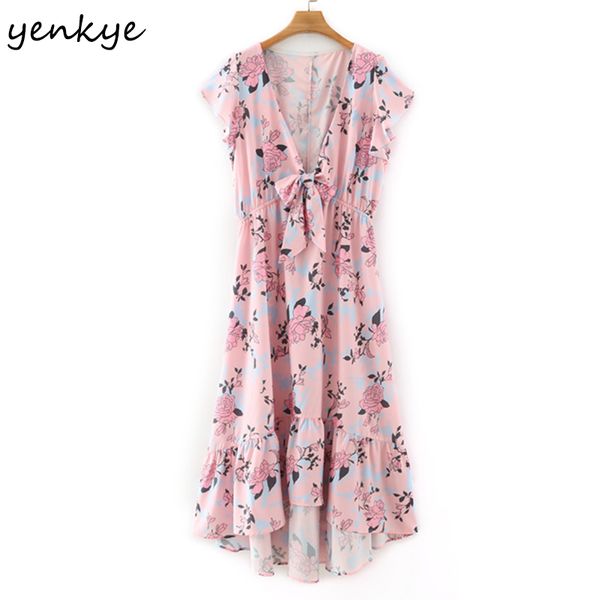 

floral print holiday boho beach dress women bow tie v neck short sleeve vestido mujer summer long maxi robe 210430, Black;gray