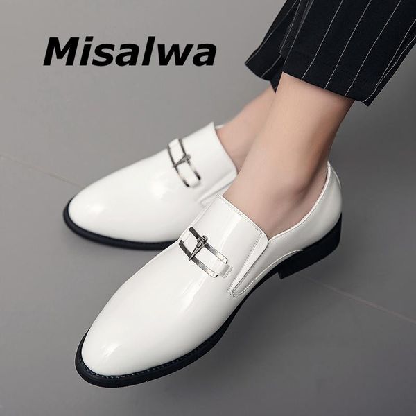 

dress shoes misalwa solid patent leather white business men suit metal decoration slip-on formal loafers oxford wedding shoe party, Black