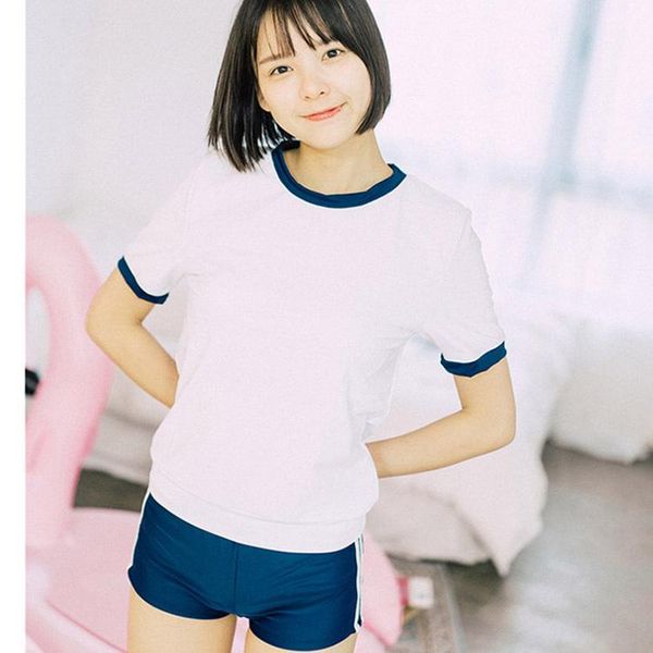 

one-piece suits dead reservoir water sweet girl student sports college short sleeved shorts net red star split conservative swimsuit
