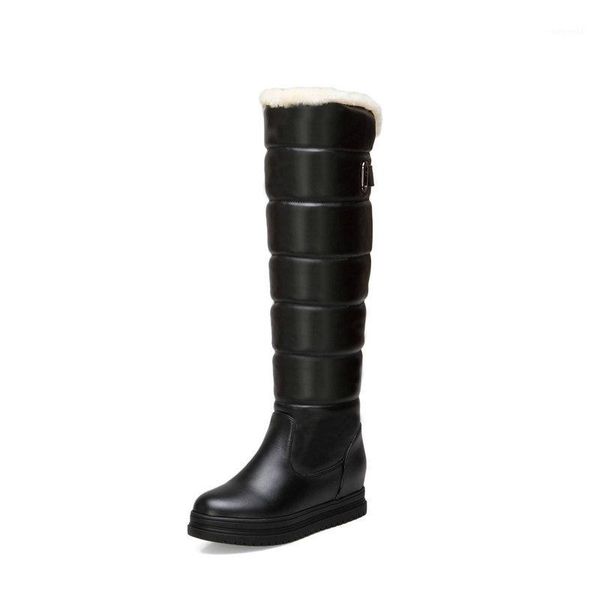 

boots fashion winter snow pu leather women knee high slip on wedges heel big size 34-431, Black