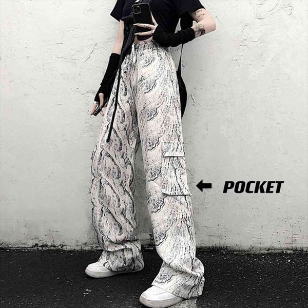 

wide leg womens casual women pants harajuku fashion dark style retro ink painting overalls men and loose trousers, Black