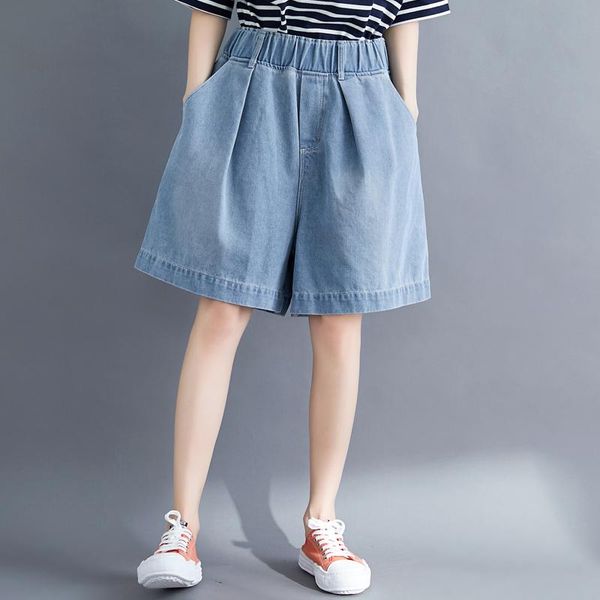 

summer women denim shorts 2021 arrival high elastic waist pocket wide leg jeans blue washed short femme women's, White;black