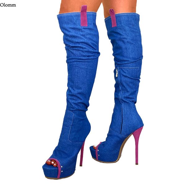 Donne Rontic Primavera sopra gli stivali del ginocchio Denim Stilotto Tacchi Peep Toe Elegante Blu Black Light Blue Shoes Shoes PLUS Dimensione USA 5-20