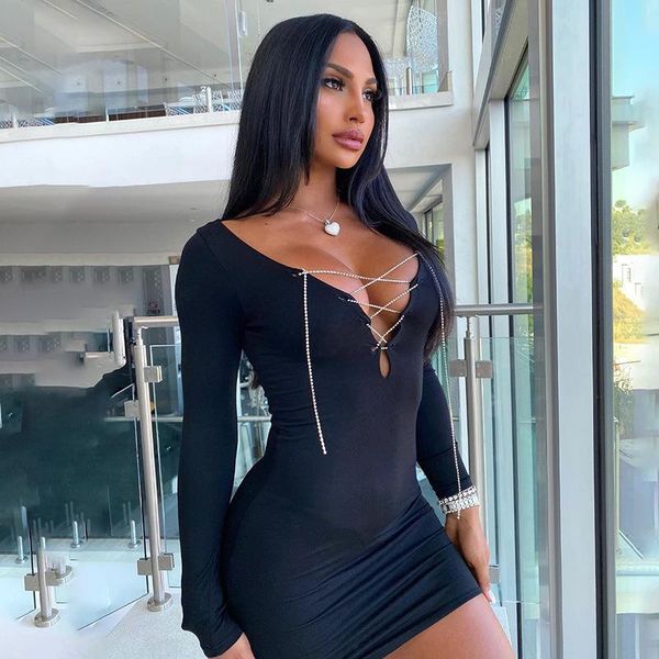 

v neck full sleeve slim women mini dress patchwork rhinestone chain black socket bodycon package up breathable dresses casual, Black;gray