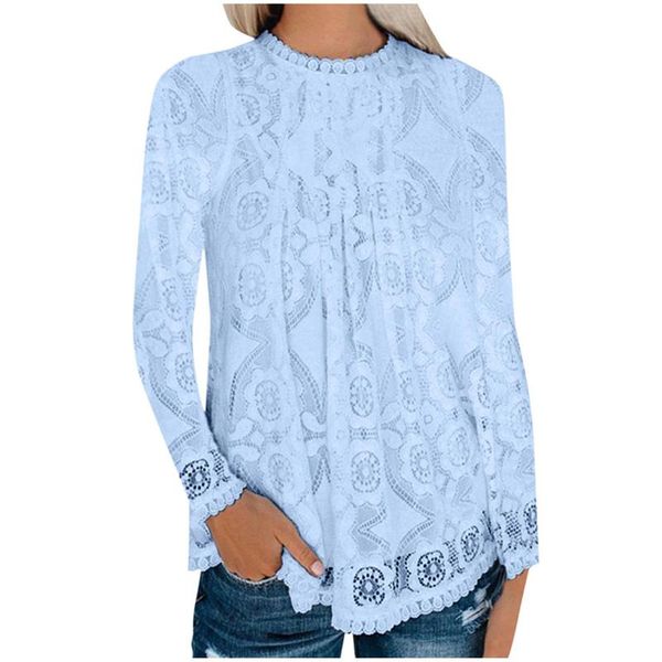 

women's blouses & shirts embroidery lace blouse women shirt casual solid long sleeve o-neck button loose blusa feminina, White