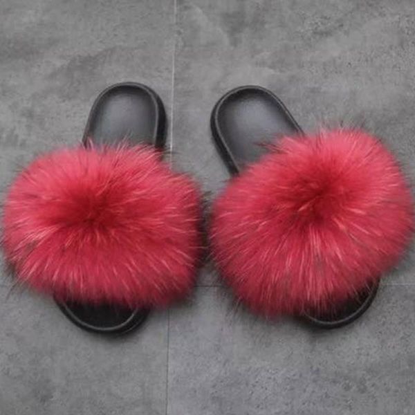 

slippers women fur furry raccoon wholesale jamacia fluffy sliders comfort natural feather summer flats, Black