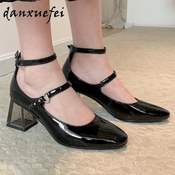 

dress shoes women's genuine leather thick high heel ankle strap mary jane pumps round toe elegant ladies soft comfortable women, Black