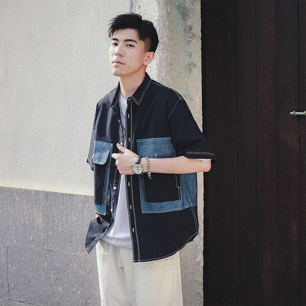 

men's casual shirts summer short-sleeved shirt fashion retro denim stitching men korean loose pocket tooling mens -2xl, White;black