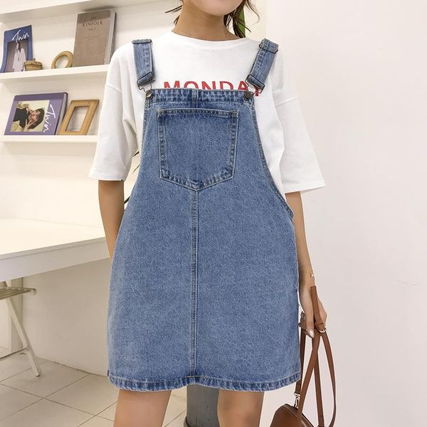 

casual dresses dress women denim all-match womens summer students streetwear female harajuku pockets large size simple solid elegant korean, Black;gray