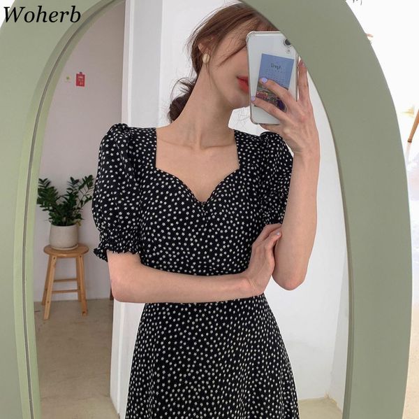 

2021woherb women dress korean fashion new clothes vintage square collar lace up vestidos slim fit print lantern sleeve dresses 92609, Black;gray