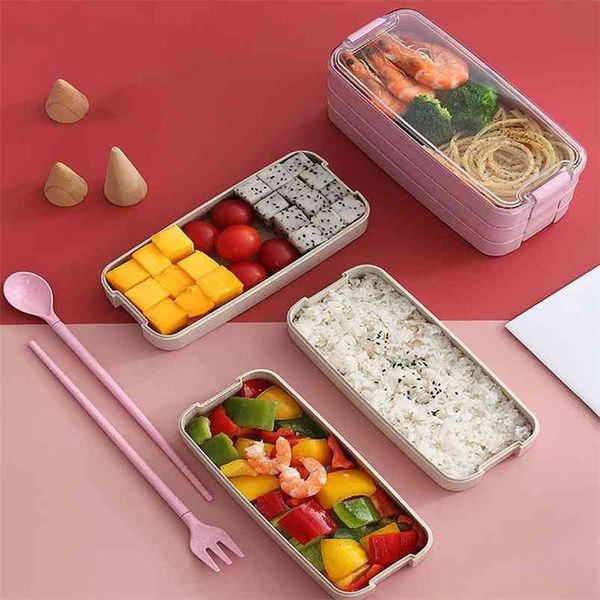 Lunchbox für Studenten im japanischen Stil, Weizenstroh, Mehrrahmen, Bento, Mikrowellenherd, Kunststoff, Konservierungsmittel, Lebensmittelbehälter 210423