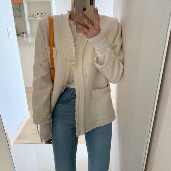 

women's jackets tweed fringed button jacket long sleeve pocket loose short fall 2021 korea retro v-neck white black warm coat, Black;brown
