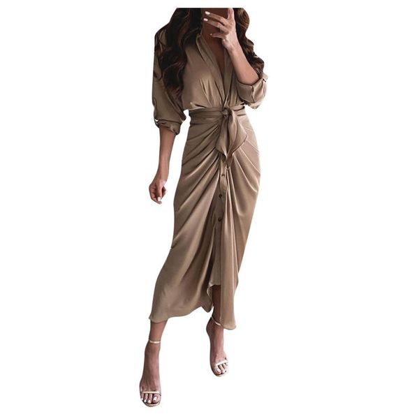

casual dresses dress summer2021 women solid color cardigan with belted waist and button sleeves vestidos largos elegante, Black;gray