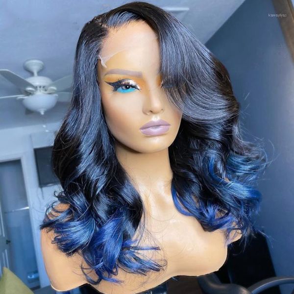 

long black ombre blue remy body wave 13x4/6 lace front wig for women with baby hair natural headlin glueless wigs1, Black;brown