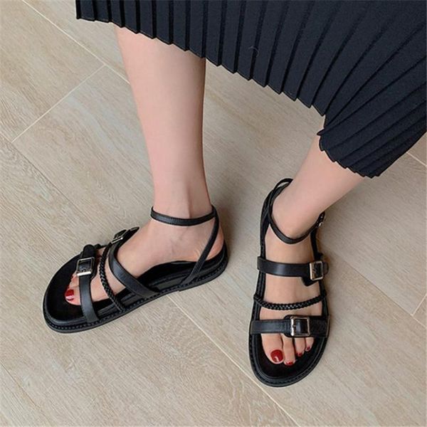 

sandals pxelena celebrity women flat genuine leather buckle casual comfort rome gladiator shoes lady 2021 summer daily 34-40, Black