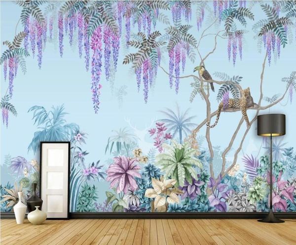 

custom large mural wallpaper hand-painted western painting tropical jungle wisteria animal background decorative wallpapers