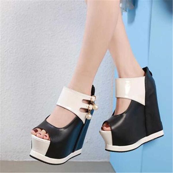 

sandals summer muffin thick bottom women's fish mouth super 14 cm high slope heel waterproof height increasing fashion shoes, Black