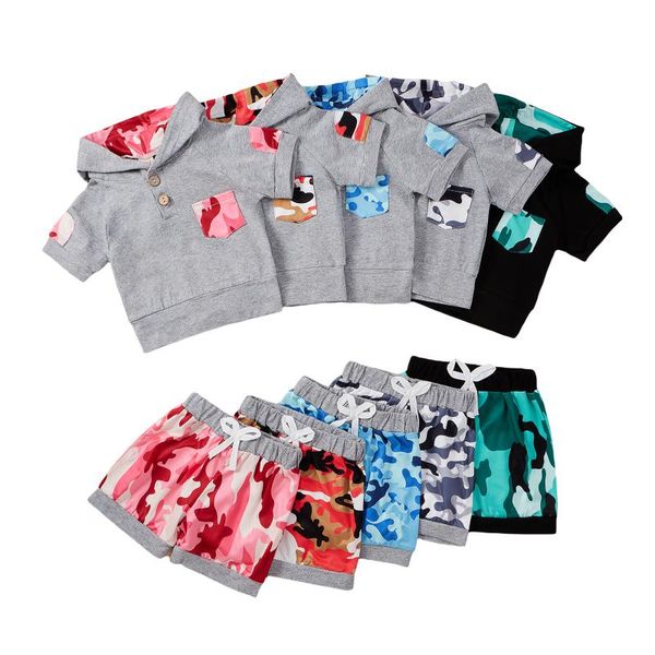 

baby clothes sets for toddler girls boys 0-3 y summer tracksuit camouflage hooded short sleeves shorts clothing, White