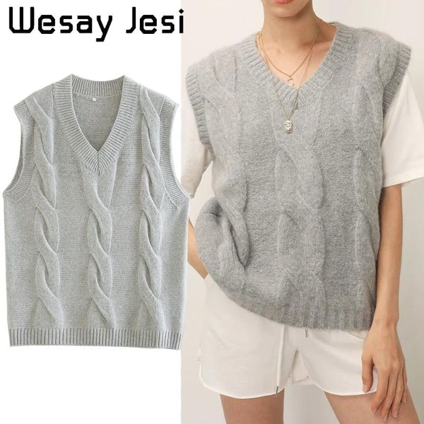 

women's vests 2021 autumn and winter sweater vest fashion minimalist twist pattern elegant gray ladies v-neck top, Black;white