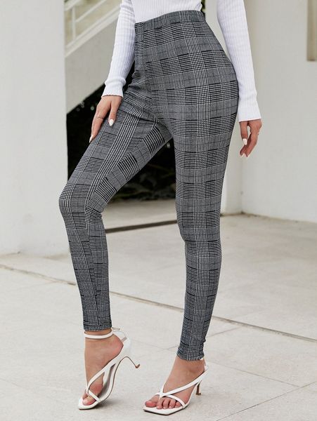 

high waist plaid leggings 55rr#, Black