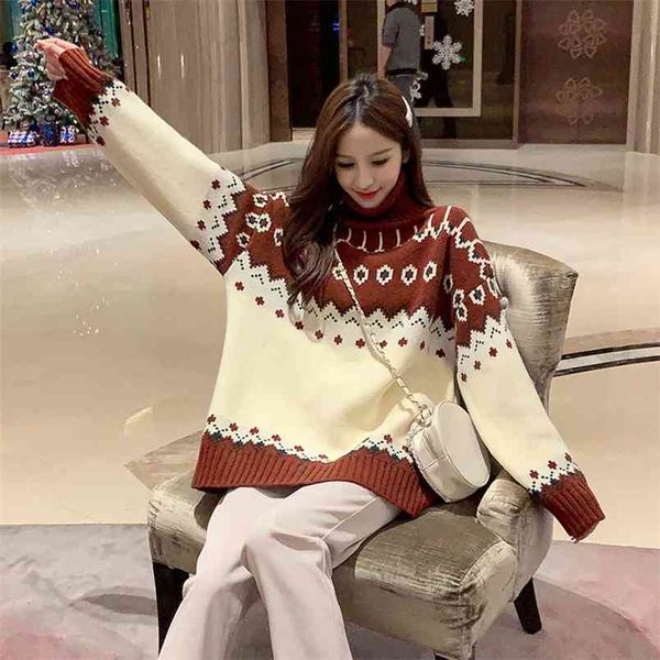 

women pullover winter christmas sweater ladies knitted jumper snowflake elk print s and s 210427, White;black