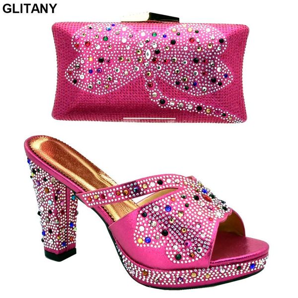 

fashion women shoes and bags to match set sale italian decorated with rhinestone plus size heel dress, Black