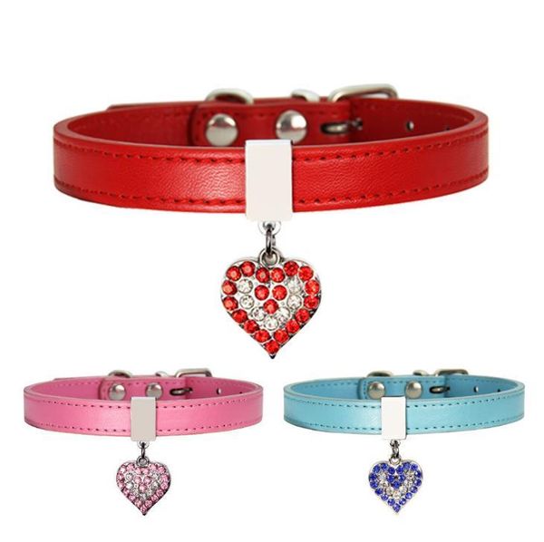 

dog collars & leashes pet collar with diamond heart bell fashion pu leather cat small neck adjustable strap sn73
