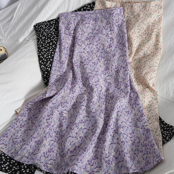 

skirts fashion summer chiffon beach print skirt all-match high waist sweet floral for womens korean midi long vintage, Black