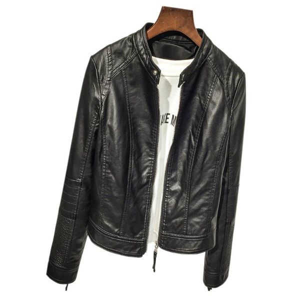 

women's leather & faux 2021 spring and autumn short slim collar coat motorcycle jacket, Black