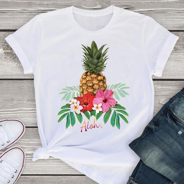 

graphic short sleeve pineapple flower womens fashion beach summer clothing tees female, White