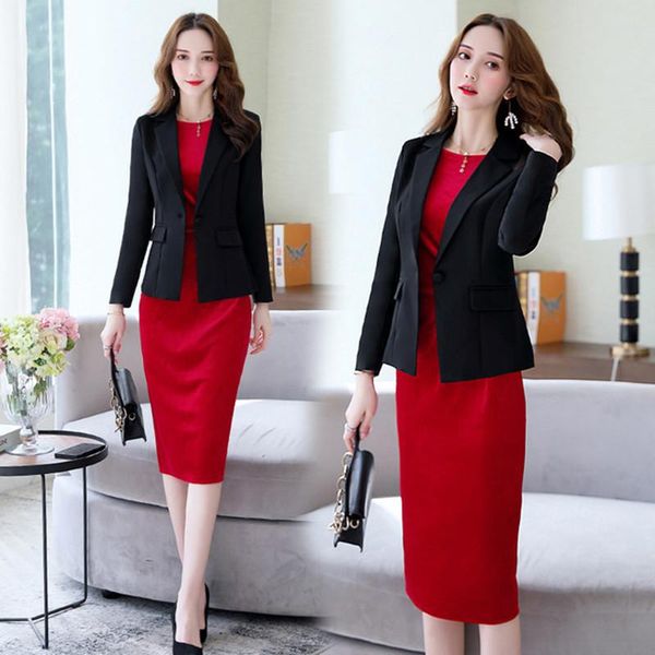

work dresses dress suits women two piece set suit jacket blazer velvet long sleeve black red midi knee length autumn winter clothes, White;black