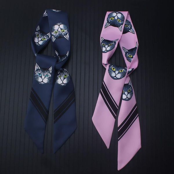 

scarves leopard head skinny scarf brand silk for women cat print long handle bag wraps sj176, Blue;gray