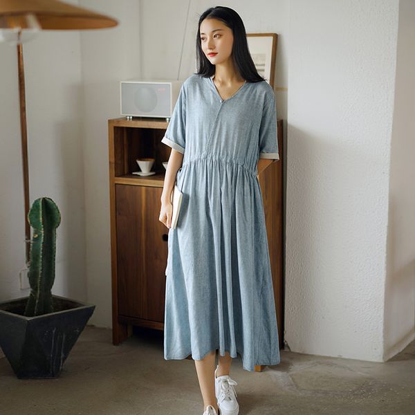 

johnature women summer casual dresses v-neck short sleeve solid color robes bandage dress vintage loose linen dresses 210521, Black;gray