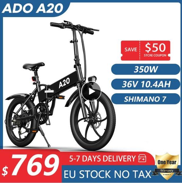 

[poland in stock] ado a20 foldable electric bicycle 20inche tire e bike 350w dc motor 35km/h removable battery mountain bike