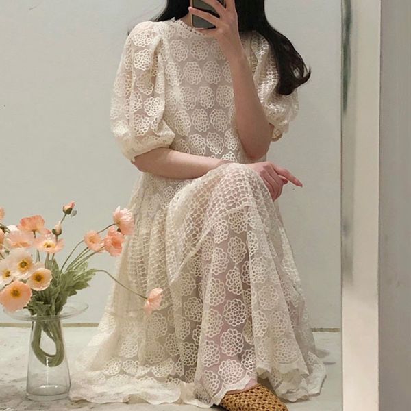 

casual dresses korean chic soft round neck loose lace crochet medium long bubble sleeve swing 30jl, Black;gray