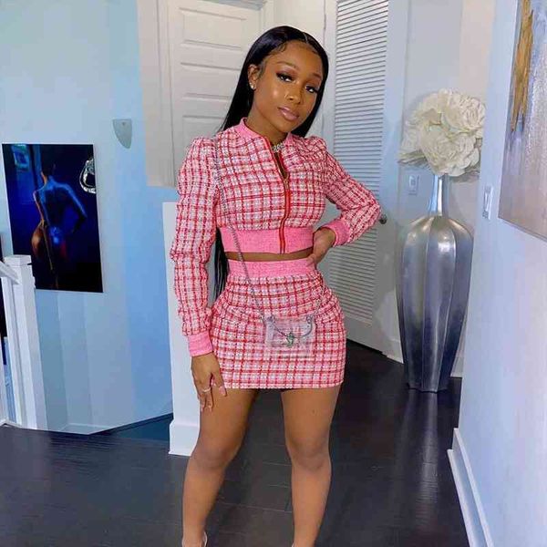 

2pcs set long sleeve jackets womens tracksuits bodycon midi mini skirts suit two piece vintage matching dress, Gray