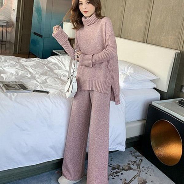 

women's two piece pants 2 pieces set women knitted tracksuit turtleneck sweater + carrot jogging pullover outwear+pant suit, White