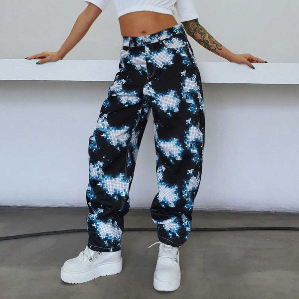 

fashion jeans personalized mosaic printing and dyeing casual pants children 2021 summer color contrast street trend repair overalls, Blue