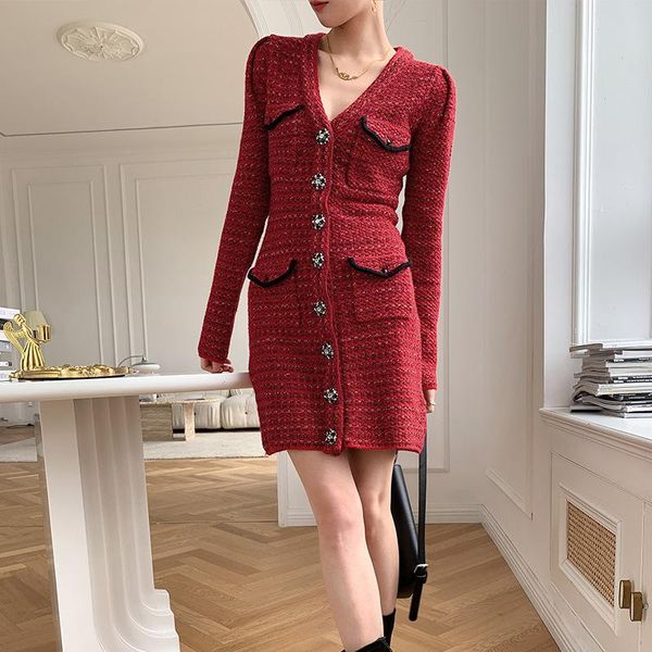 

casual dresses red knitted small fragrant dress 2022 vintage long sleeve thin holiday party drill buckles fake pocket sweater, Black;gray